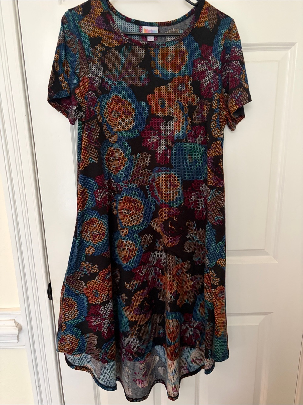 LuLaRoe Black Midi Dress with Teal, Orange, and Magenta Floral Print